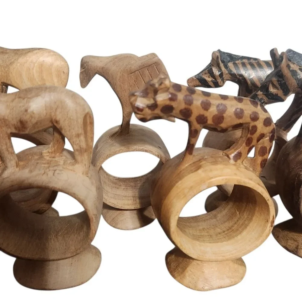 Hand Carved Napkin Rings Wood Made in Kenya African Animals Safari Set of 8